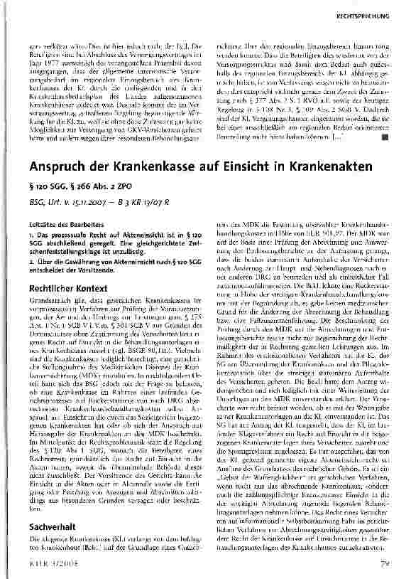 Vorschauseite 1: Anspruch der Krankenkasse auf Einsicht in Krankenakten
