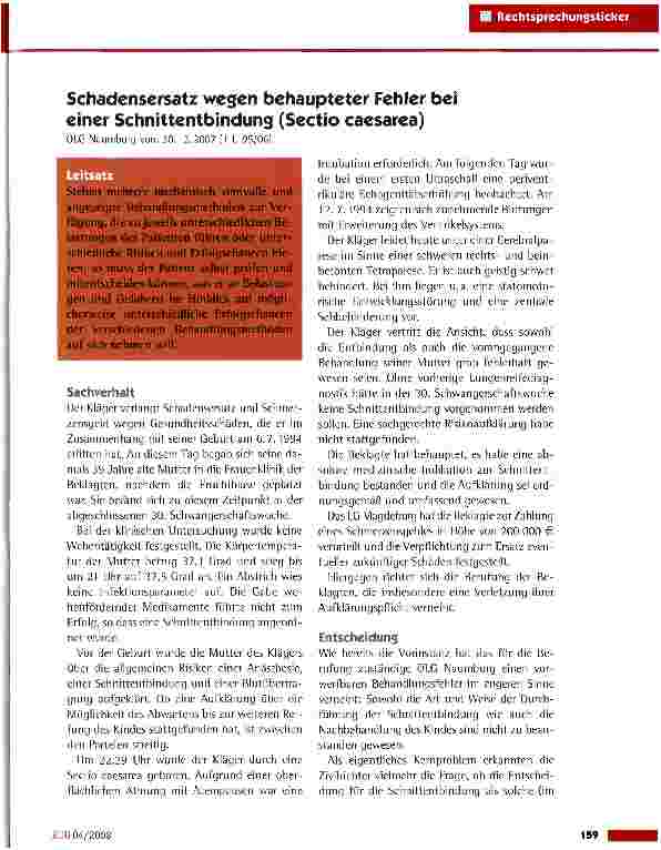 Vorschauseite 1: Schadensersatz wegen behaupteter Fehler bei einer Schnittentbindung (Sectio caesarea)