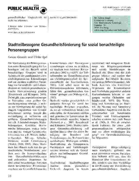 Vorschauseite 1: Stadtteilbezogene Gesundheitsförderung für sozial benachteiligte Personengruppen