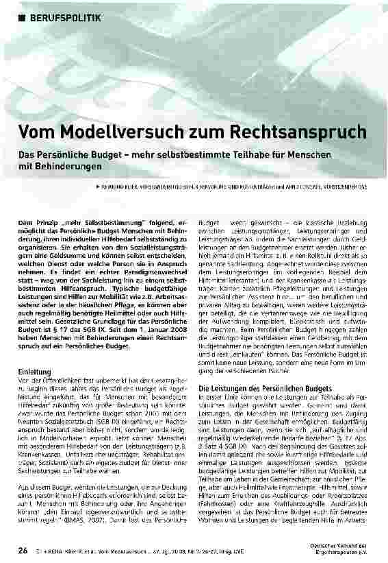 Vorschauseite 1: Vom Modellversuch zum Rechtsanspruch Das Persönliche Budget - mehr selbstbestimmte Teilhabe für Menschen mit Behinderungen
