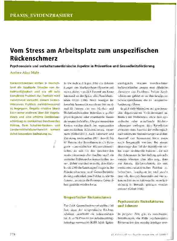 Vorschauseite 1: Vom Stress am Arbeitsplatz zum unspezifischen RückenschmerzPsychosoziale und verhaltensmedizinische Aspekte in Prävention und Gesundheitsförderung