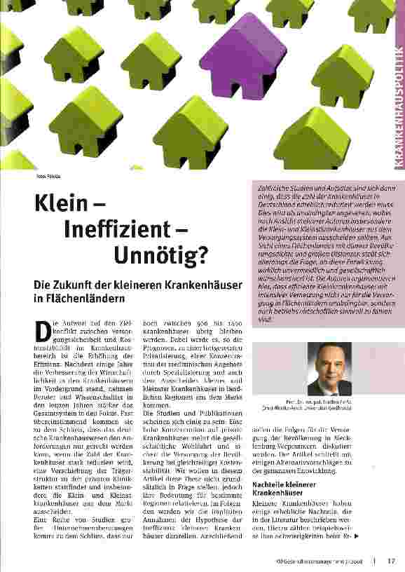 Vorschauseite 1: Klein-Ineffizient-Unnötig? Die Zukunft der kleineren Krankenhäuser in Flächenländern