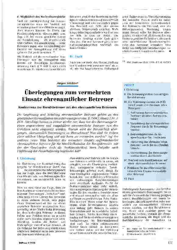 Vorschauseite 1: Überlegungen zum vermehrten Einsatz ehrenamtlicher BetreuerKonkurrenz der Berufsbetreuer mit den ehrenamtlichen Betreuern