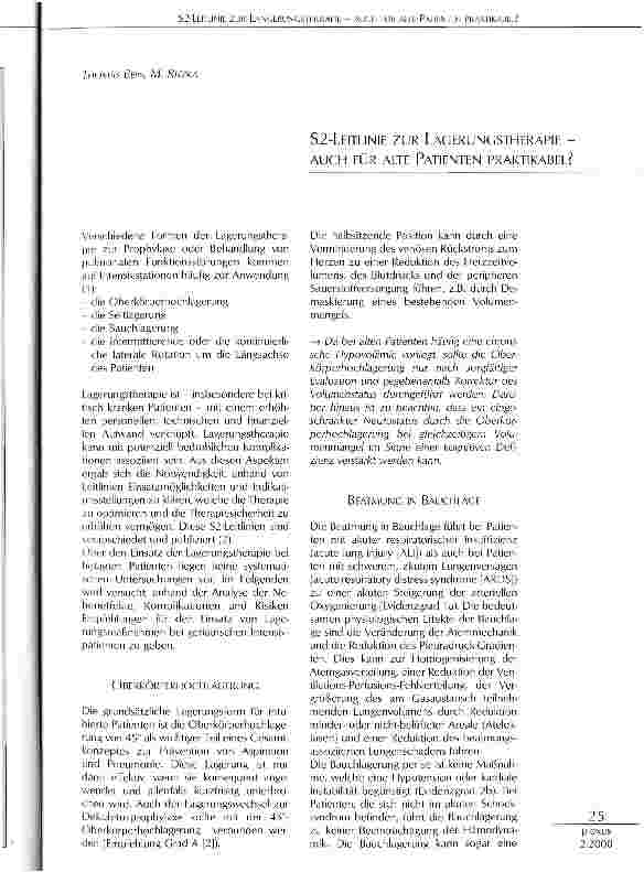 Vorschauseite 1: S2-LEITLINIE ZUR LAGERUNGSTHERAPIE -AUCH FÜR ALTE PATIENTEN PRAKTIKABEL?