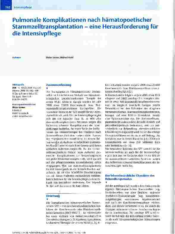 Vorschauseite 1: Pulmonale Komplikationen nach hämatopoetischer Stammzelltransplantation - eine Herausforderung für die Intensivpflege