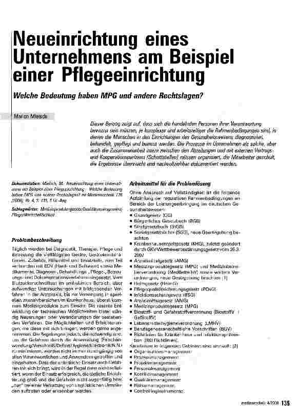 Vorschauseite 1: Neueinrichtung eines Unternehmens am Beispiel einer PflegeeinrichtungWelche Bedeutung haben MPG und andere Rechtslagen?
