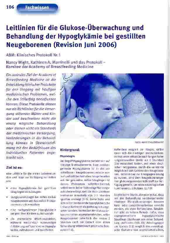 Vorschauseite 1: Leitlinien für die Glukose-Überwachung und Behandlung der Hypoglykämie bei gestillten Neugeborenen (Revision Juni 2006)
