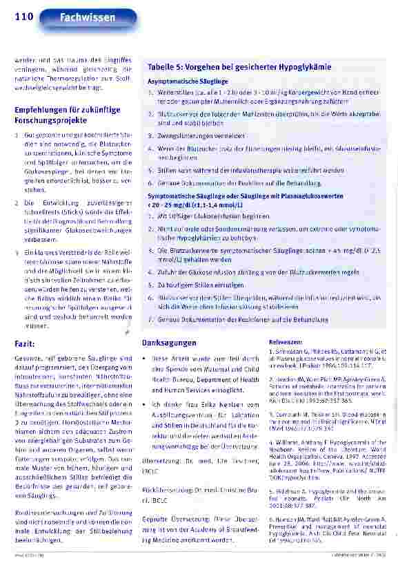 Vorschauseite 5: Leitlinien für die Glukose-Überwachung und Behandlung der Hypoglykämie bei gestillten Neugeborenen (Revision Juni 2006)