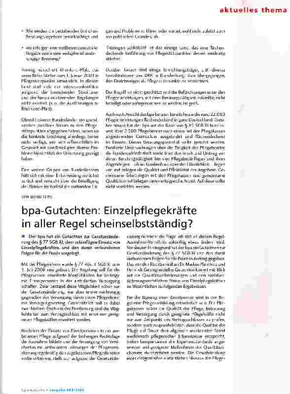 Vorschauseite 1: bpa-Gutachten: Einzelpflegekräfte in aller Regel scheinselbstständig?