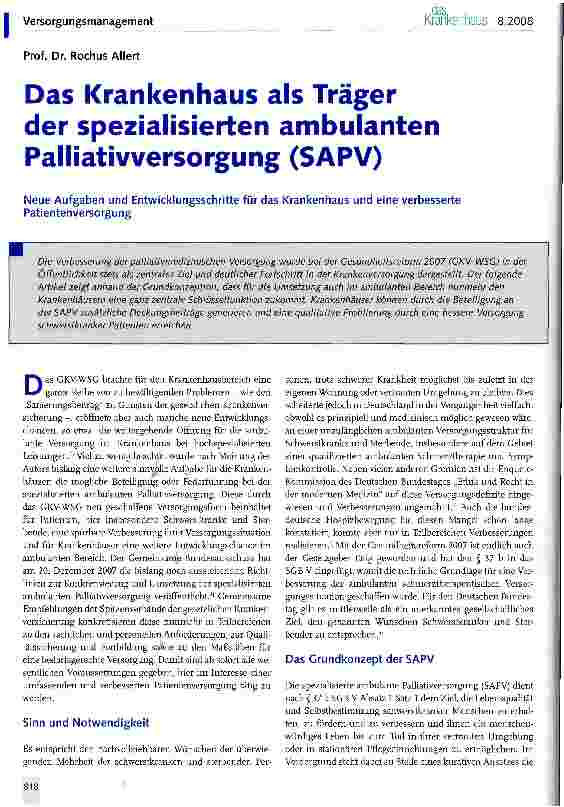 Vorschauseite 1: Das Krankenhaus als Träger der spezialisierten ambulanten Palliativversorgung (SAPV) Neue Aufgaben und Entwicklungsschritte für das Krankenhaus und eine verbesserte Patientenverso…