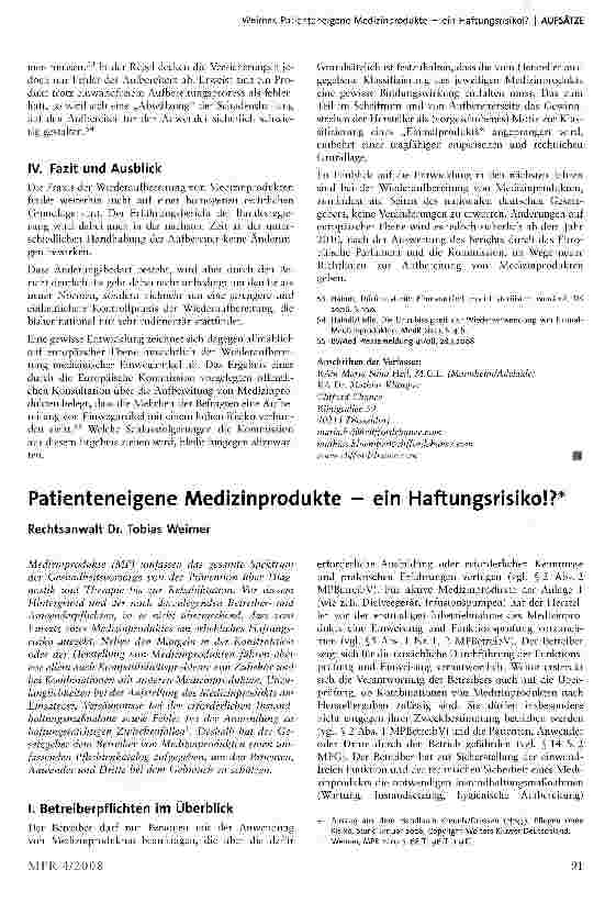Vorschauseite 1: Patienteneigene Medizinprodukte — ein Haftungsrisiko! ?
