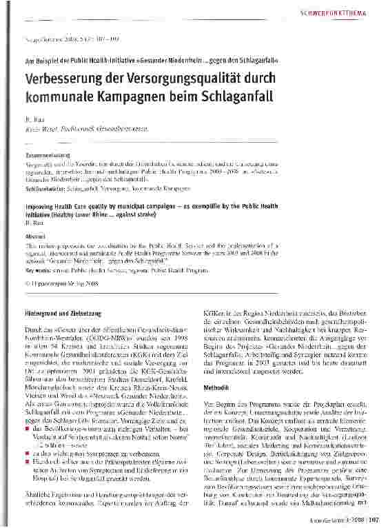 Vorschauseite 1: Am Beispiel der Public Health-Initiative »Gesunder Niederrhein... gegen den Schlaganfall«Verbesserung der Versorgungsqualität durch kommunale Kampagnen beim Schlaganfall