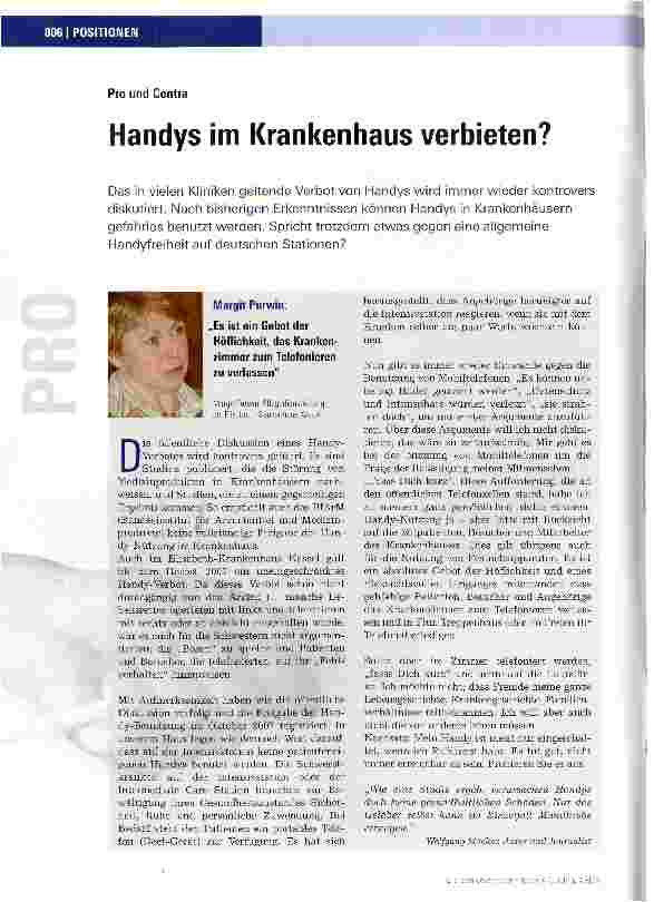 Vorschauseite 1: Pro und ContraHandys im Krankenhaus verbieten?