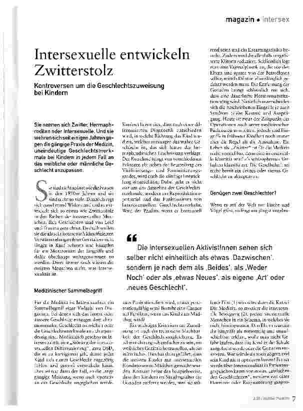 Vorschauseite 1: Intersexuelle entwickeln ZwitterstolzKontroversen um die Geschlechtszuweisung bei Kindern