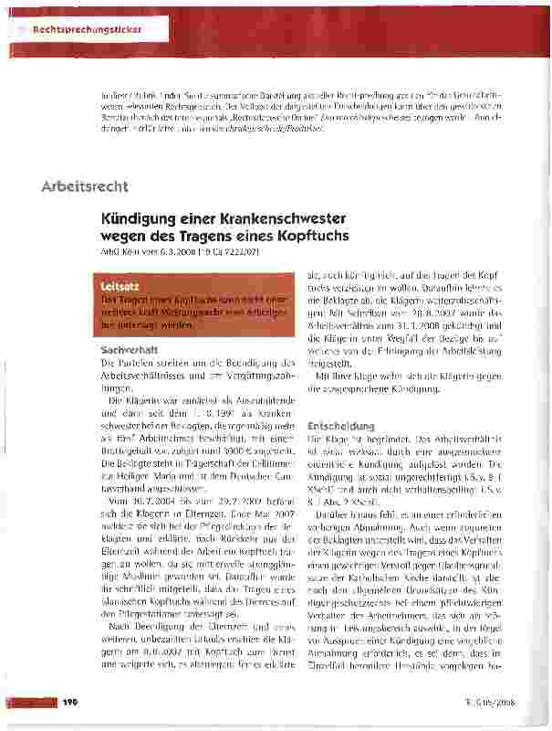 Vorschauseite 1: Kündigung einer Krankenschwester wegen des Tragens eines Kopftuchs