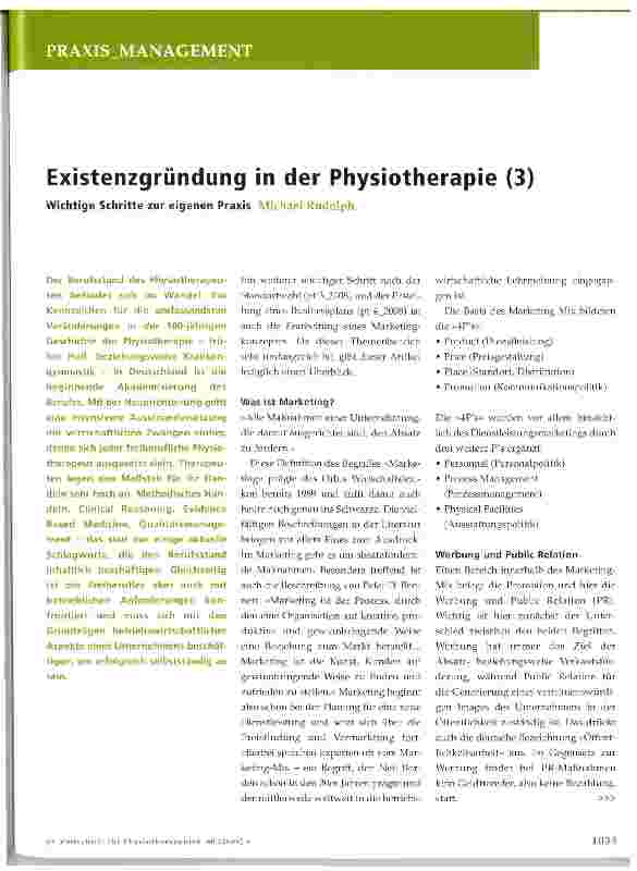 Vorschauseite 1: Existenzgründung in der Physiotherapie (3) Wichtige Schritte zur eigenen Praxis