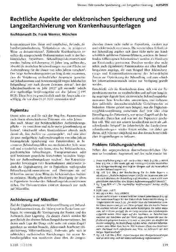 Vorschauseite 1: Rechtliche Aspekte der elektronischen Speicherung und Langzeitarchivierung von Krankenhausunterlagen