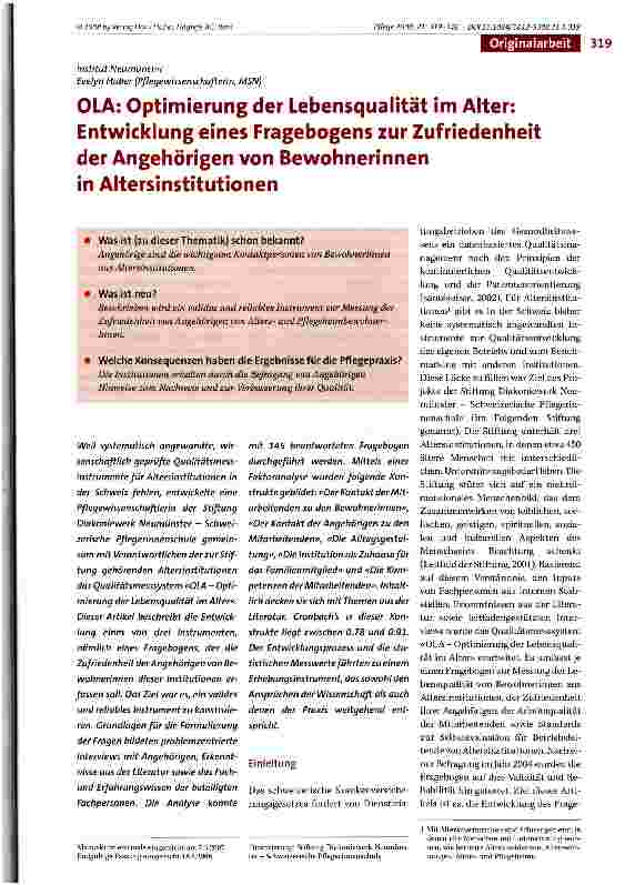 Vorschauseite 1: OLA: Optimierung der Lebensqualität im Alter: Entwicklung eines Fragebogens zur Zufriedenheit der Angehörigen von Bewohnerinnen in Altersinstitutionen