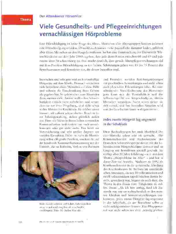 Vorschauseite 1: Der Attendorner Hörservice: Viele Gesundheitsund Pflegeeinrichtungen vernachlässigen Hörprobleme