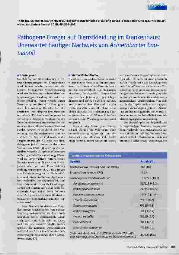 Vorschauseite 1: Pathogene Erreger auf Dienstkleidung im Krankenhaus: Unerwartet häufiger Nachweis von Acinetobacter bau-monnii