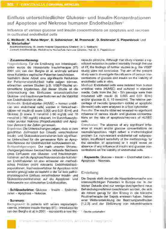 Vorschauseite 1: Einfluss unterschiedlicher Glukoseund Insulin-Konzentrationen auf Apoptose und Nekrose humaner Endothelzellen