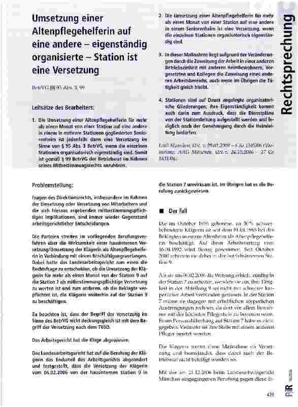 Vorschauseite 1: Umsetzung einer Altenpflegehelferin auf eine andere - eigenständig organisierte - Station ist eine Versetzung BctrVG §§ 95 Abs. 3, 99