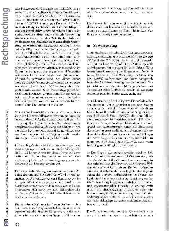 Vorschauseite 2: Umsetzung einer Altenpflegehelferin auf eine andere - eigenständig organisierte - Station ist eine Versetzung BctrVG §§ 95 Abs. 3, 99