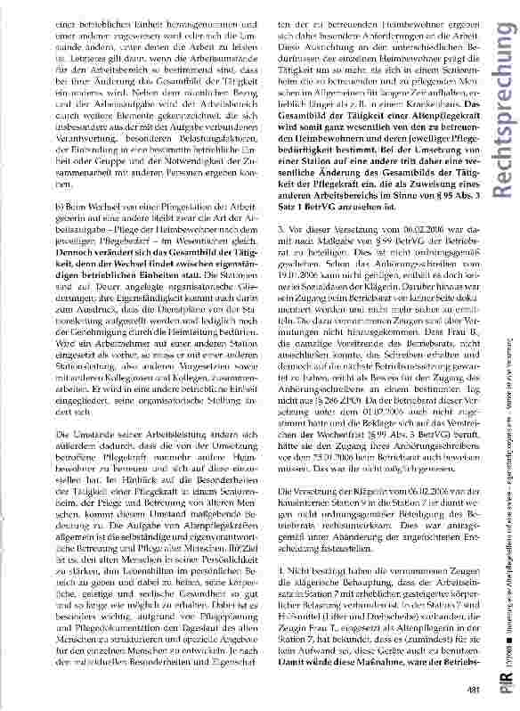 Vorschauseite 3: Umsetzung einer Altenpflegehelferin auf eine andere - eigenständig organisierte - Station ist eine Versetzung BctrVG §§ 95 Abs. 3, 99
