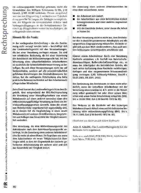 Vorschauseite 4: Umsetzung einer Altenpflegehelferin auf eine andere - eigenständig organisierte - Station ist eine Versetzung BctrVG §§ 95 Abs. 3, 99