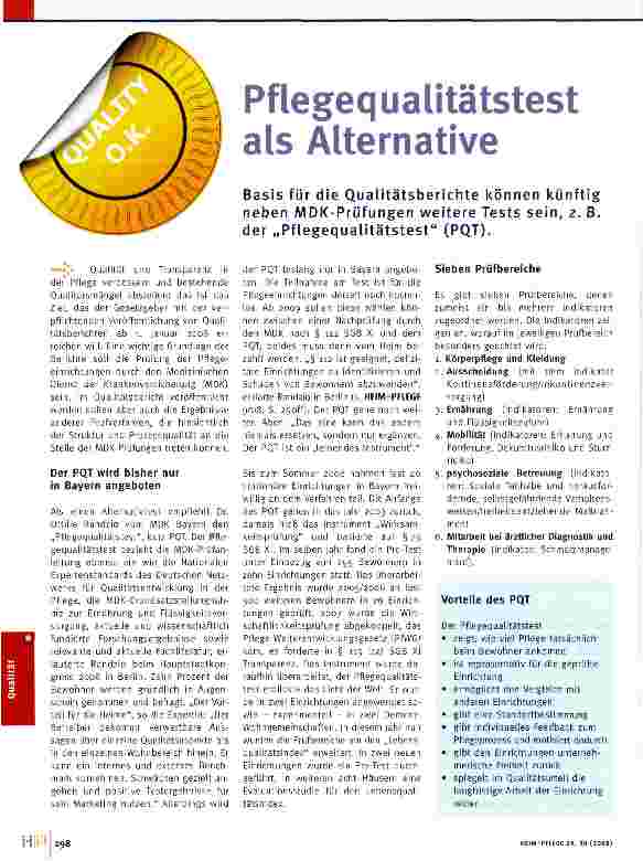 Vorschauseite 1: Pflegequalitätstest als Alternative Basis für die Qualitätsberichte können künftig neben MDK-Prüfungen weitere Tests sein, z. B. der „Pflegequalitätstest (PQT).