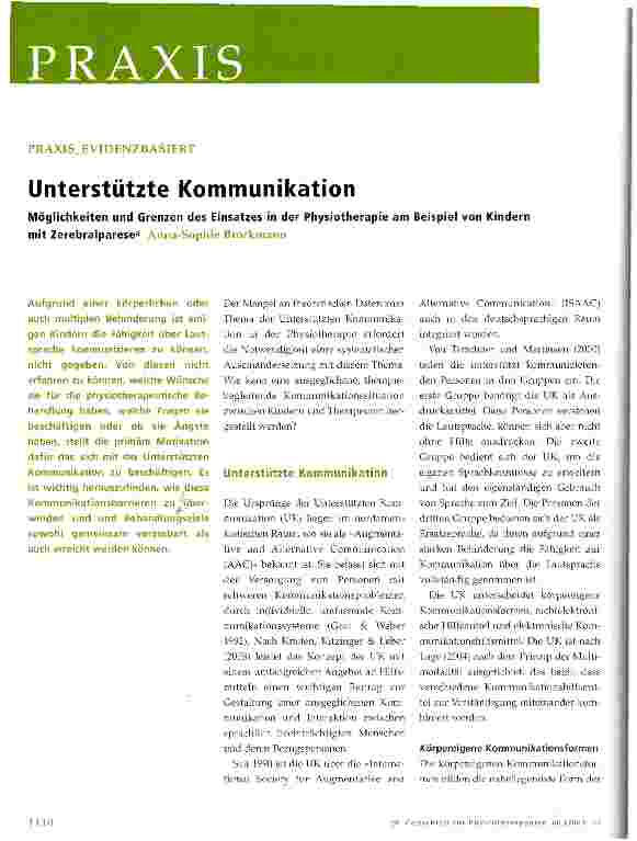 Vorschauseite 1: Unterstützte Kommunikation Möglichkeiten und Grenzen des Einsatzes in der Physiotherapie am Beispiel von Kindern mit Zerebralparese