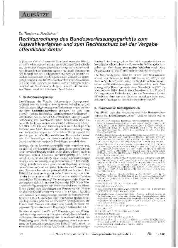 Vorschauseite 1: Rechtsprechung des Bundesverfassungsgerichts zum Auswahlverfahren und zum Rechtsschutz bei der Vergabe öffentlicher Ämter