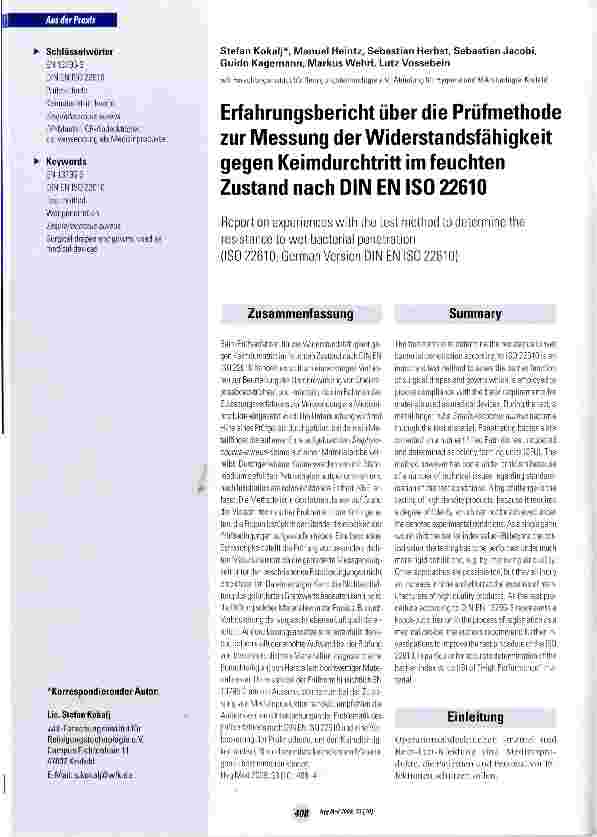 Vorschauseite 1: Erfahrungsbericht über die Prüfmethode zur Messung der Widerstandsfähigkeit gegen Keimdurchtritt im feuchten Zustand nach DINEN ISO 22610