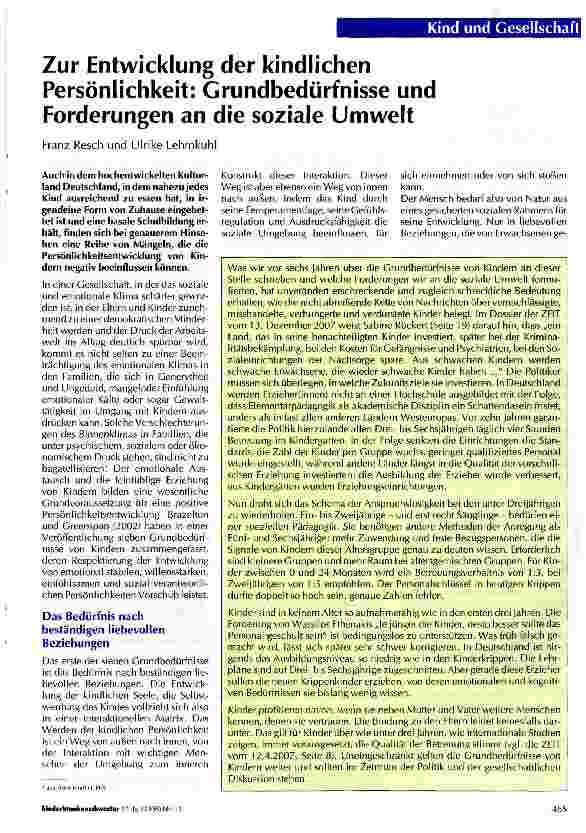 Vorschauseite 1: Zur Entwicklung der kindlichen Persönlichkeit: Grundbedürfnisse und Forderungen an die soziale Umwelt