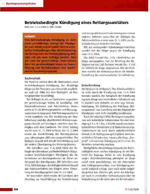 Vorschauseite 1: Betriebsbedingte Kündigung eines Rettungssanitäters