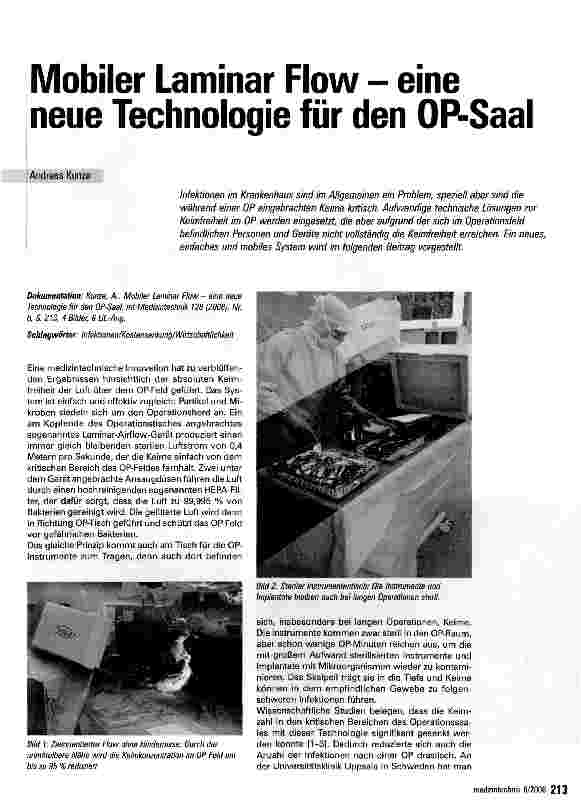 Vorschauseite 1: Mobiler Laminar Flow - eine neue Technologie für den OP-Saal
