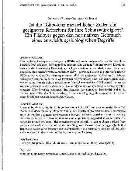 Vorschauseite 1: Ist die Totipotenz menschlicher Zellen ein geeignetes Kriterium für ihre Schutzwürdigkeit?Ein Plädoyer gegen den normativen Gebrauch eines entwicklungsbiologischen Begriffs