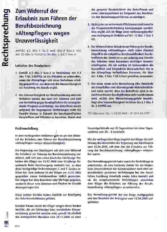 Vorschauseite 1: Zum Widerruf der Erlaubnis zum Führen der Berufsbezeichnung »Altenpfleger« wegen Unzuverlässigkeit