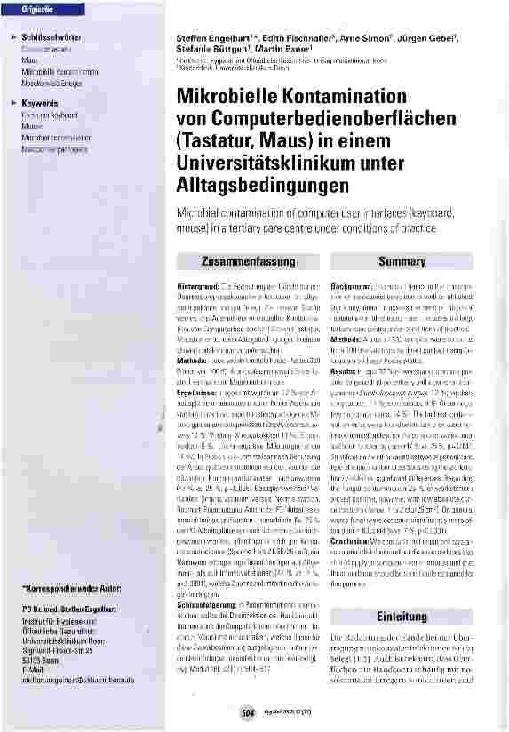 Vorschauseite 1: Mikrobielle Kontamination von Computerbedienoberflächen (Tastatur, Maus) in einem Universitätsklinikum unter Alltagsbedingungen