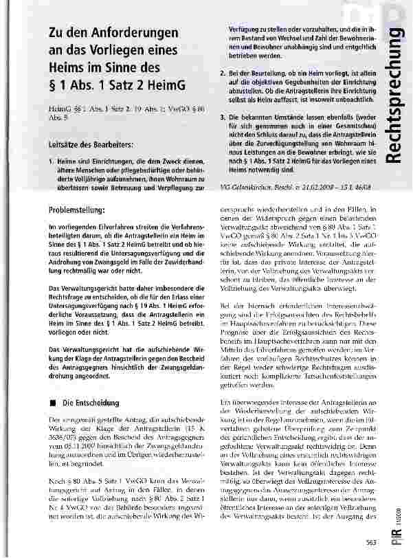 Vorschauseite 1: Zu den Anforderungen an das Vorliegen eines Heims im Sinne des § 1 Abs. 1 Satz 2 HeimG