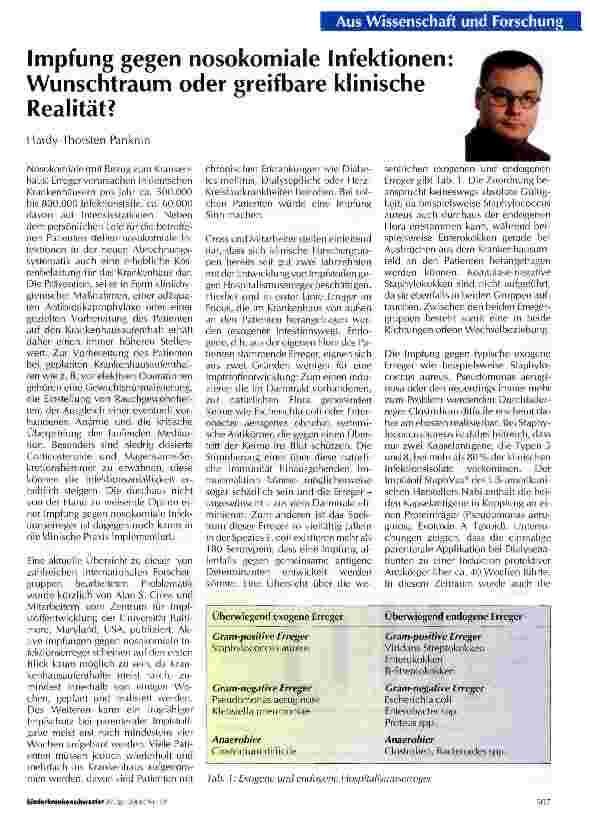 Vorschauseite 1: Impfung gegen nosokomiale Infektionen: Wunschtraum oder greifbare klinische Realität?