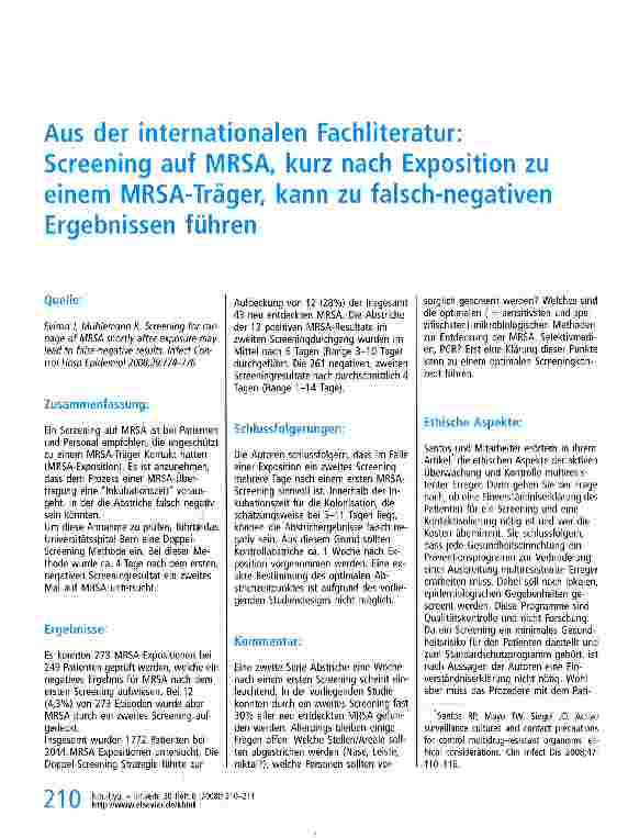 Vorschauseite 1: Aus der internationalen Fachliteratur: Screening auf MRSAf kurz nach Exposition zu einem MRSA-Träger, kann zu falsch-negativen Ergebnissen führen