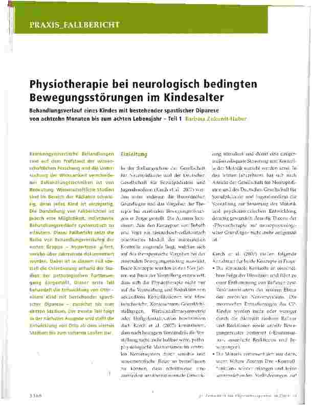 Vorschauseite 1: Physiotherapie bei neurologisch bedingten Bewegungsstörungen im KindesalterBehandlungsverlauf eines Kindes mit bestehender spastischer Diparese von achtzehn Monaten bis zum achten…