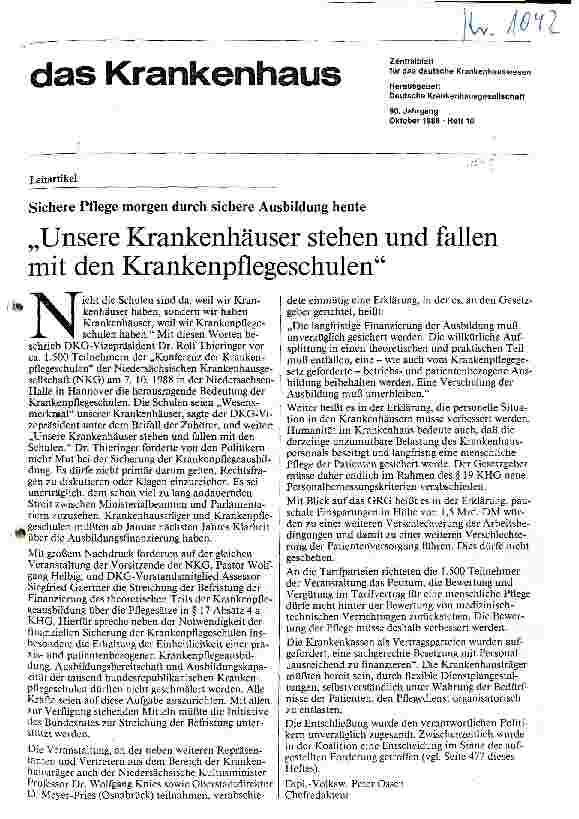 Vorschauseite 1: Unsere Krankenhäuser stehen und fallen mit den Krankenpflegeschulen Sichere Pflege morgen durch sichere Ausbildung heute