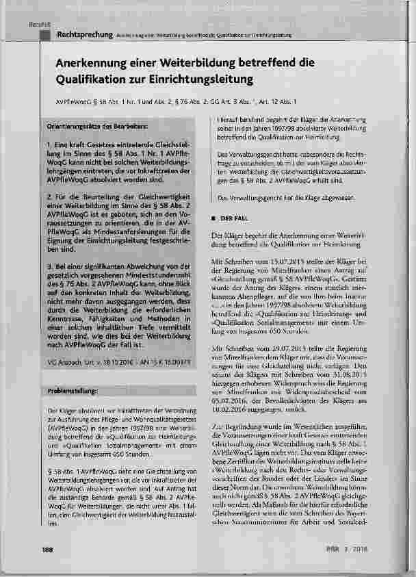 Vorschauseite 1: Anerkennung einer Weiterbildung betreffend die Qualifikation zur Einrichtungsleitung