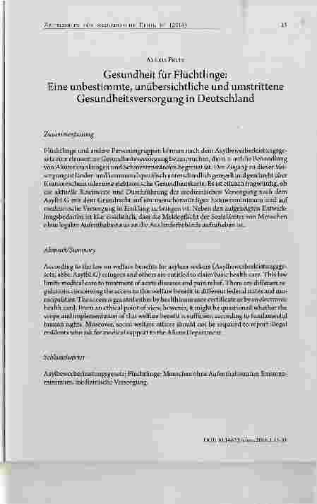 Vorschauseite 1: Gesundheit für Flüchtlinge: Eine unbestimmte, unübersichtliche und umstritteneGesundheitsversorgung in Deutschland