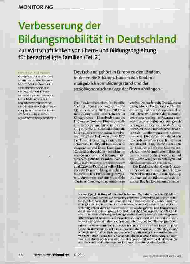 Vorschauseite 1: Verbesserung der Bildungsmobilität in Deutschland Zur Wirtschaftlichkeit von Elternund Bildungsbegleitung für benachteiligte Familien (Teil 2*)