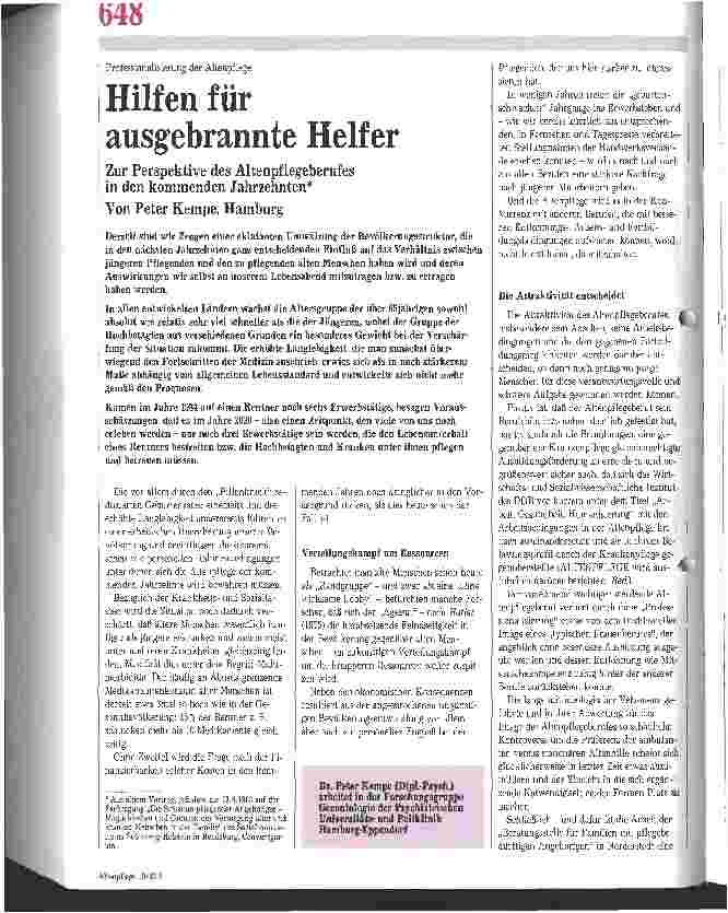 Vorschauseite 1: Professionalisierung der Altenpflege: Hilfen für ausgebrannte Helfer Zur Perspektive des Altenpflegeberufes in den kommenden Jahrzehnten