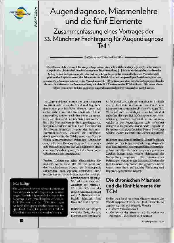 Vorschauseite 1: Augendiagnose, Miasmenlehre und die fünf Elemente Zusammenfassung eines Vortrages der 33. Münchner Fachtagung für Augendiagnose Teil1