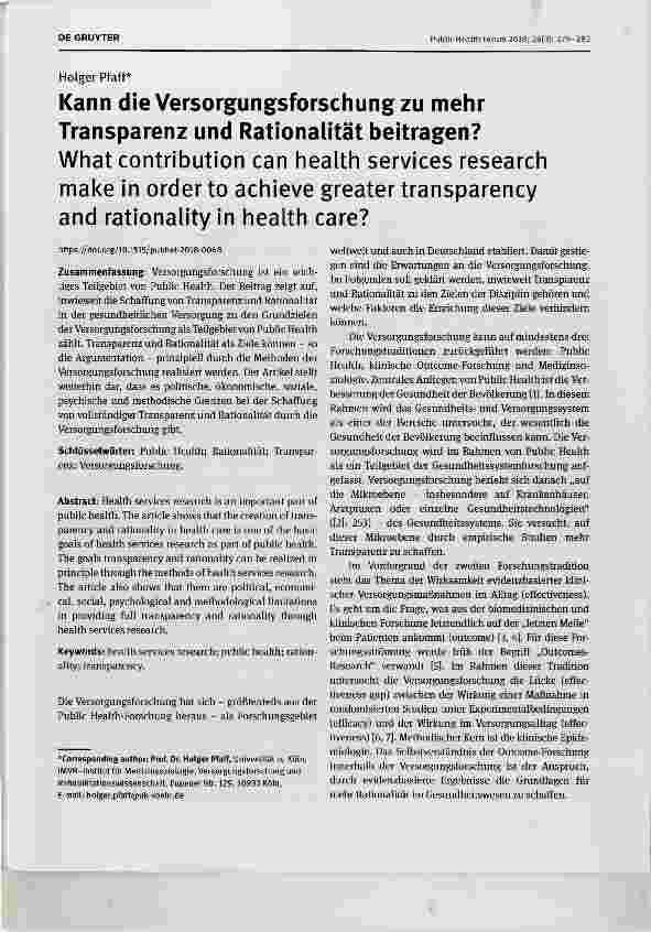Vorschauseite 1: Kann die Versorgungsforschung zu mehr Transparenz und Rationalität beitragen?What contribution can health services research make in order to achieve greater transparency and ratio…